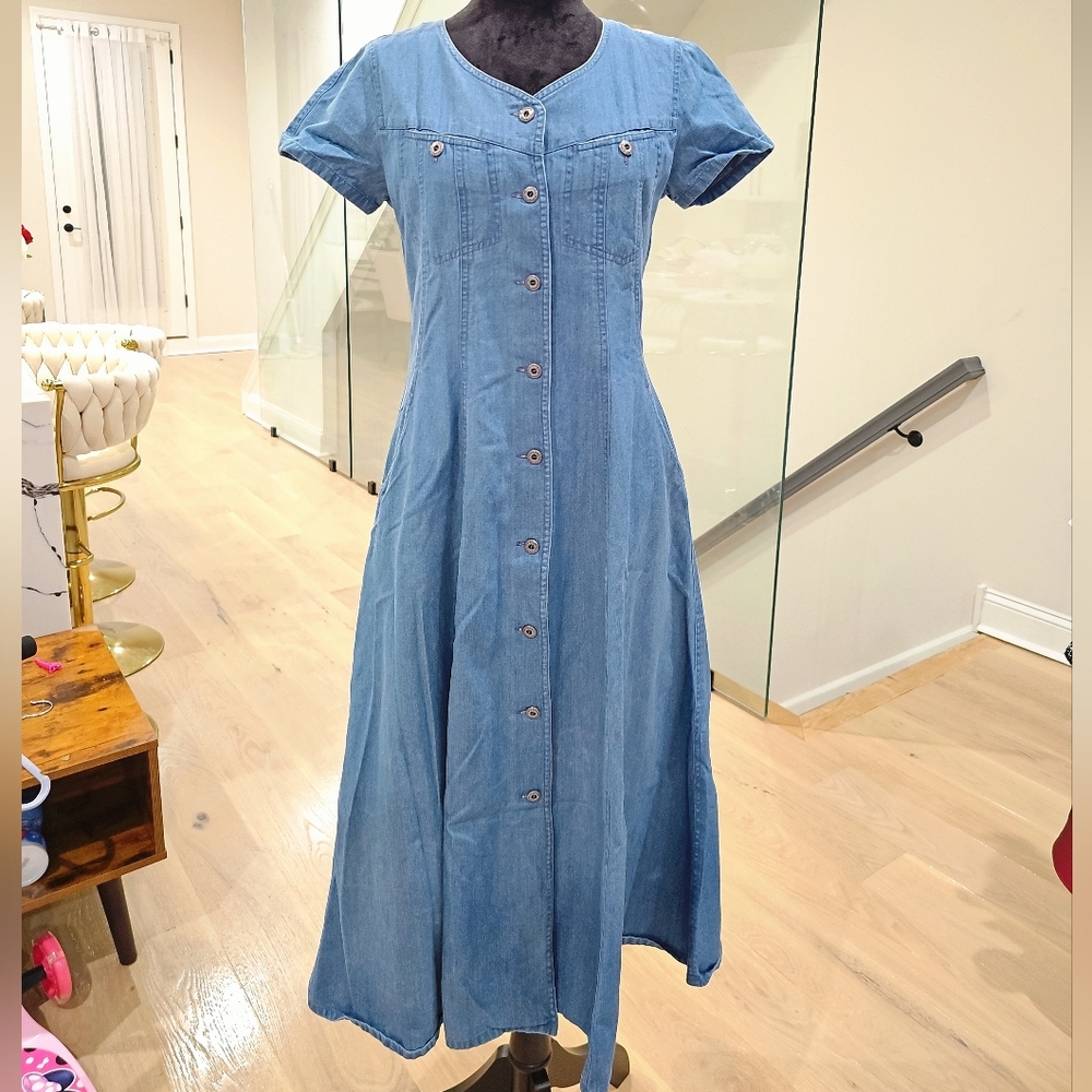 Classic Blue Denim Button-Front Midi Dress